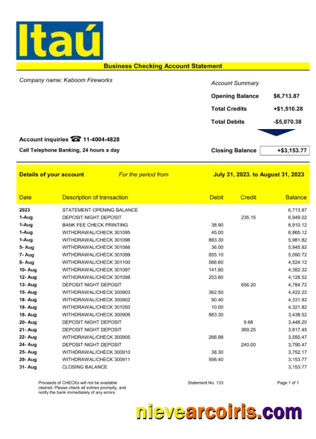 Bank Itaú enterprise account statement